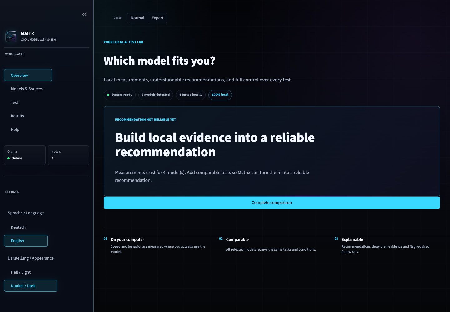 Local LLM Matrix v0.38.0 decision-first overview in dark mode.