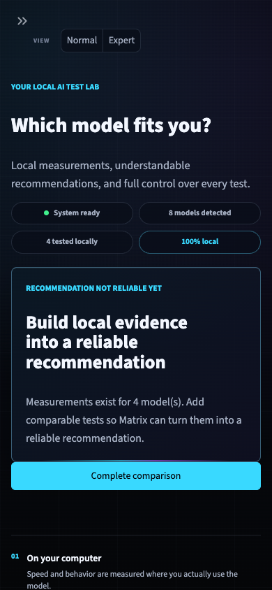 Local LLM Matrix overview on a narrow mobile layout.